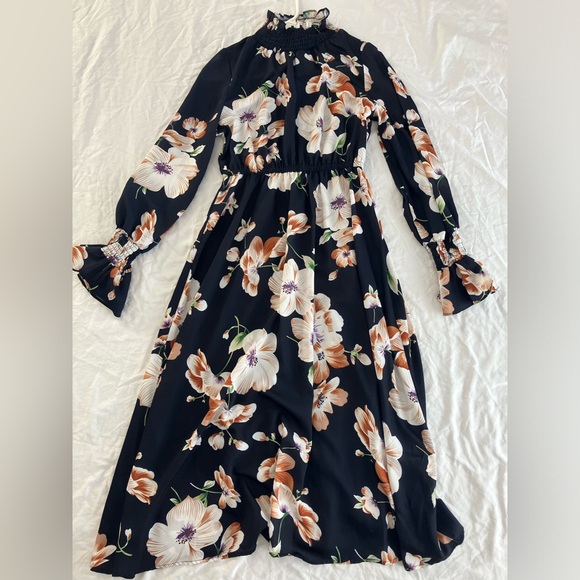 Boho SHEIN Mock Frill Neck Flounce Sleeve Navy Floral Maxi Long Dress Size S - Picture 12 of 12